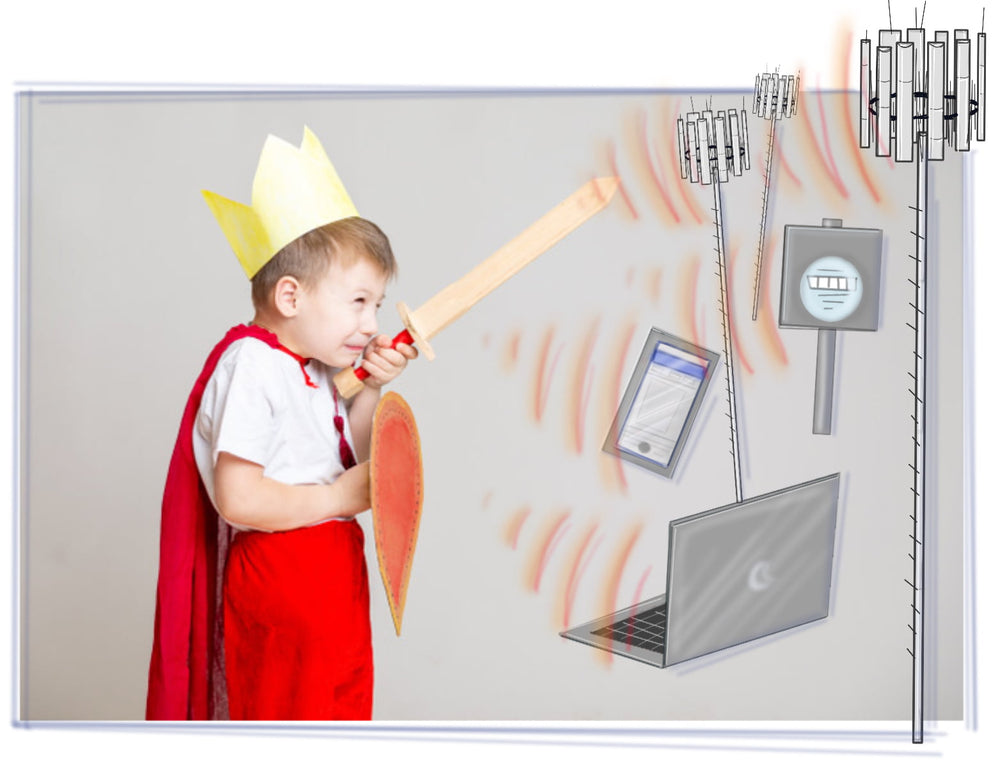 Photo of a little boy wearing a cape and a crown, holding a sword and shield, and fighting cell towers, smart meters and computers
