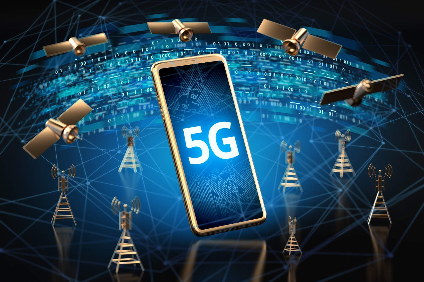 Graphic with a 5G cell phone in the center, surrounded by cell towers and satellites, with 0 and 1 numbers in the background symbolizing information being transmitted|Artistic depiction of a house surrounded by 5G towers