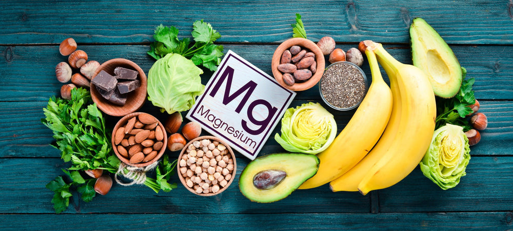 Photo of many high magnesium foods like nuts, avocado, banana, chocolate and greens with a Mg Magnesium sign in the middle|Graphic depicting the synapses and neurotransmitters' movement in the body|Artistic depiction of elemental magnesium