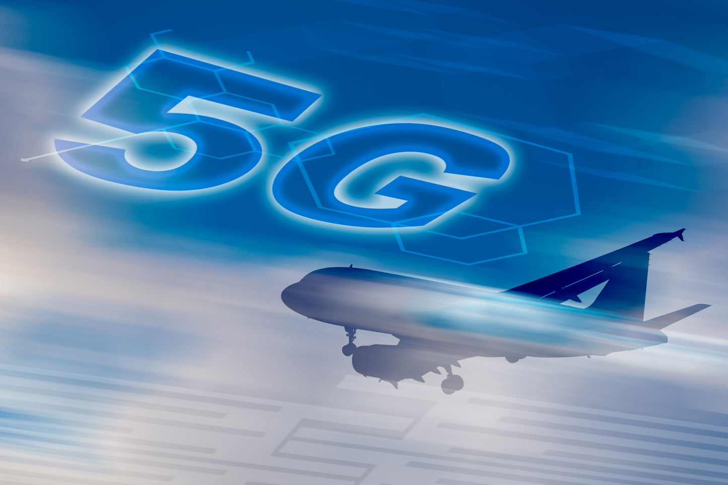 Artistic image of an airplane flying through the sky with a neon "5G" in the sky