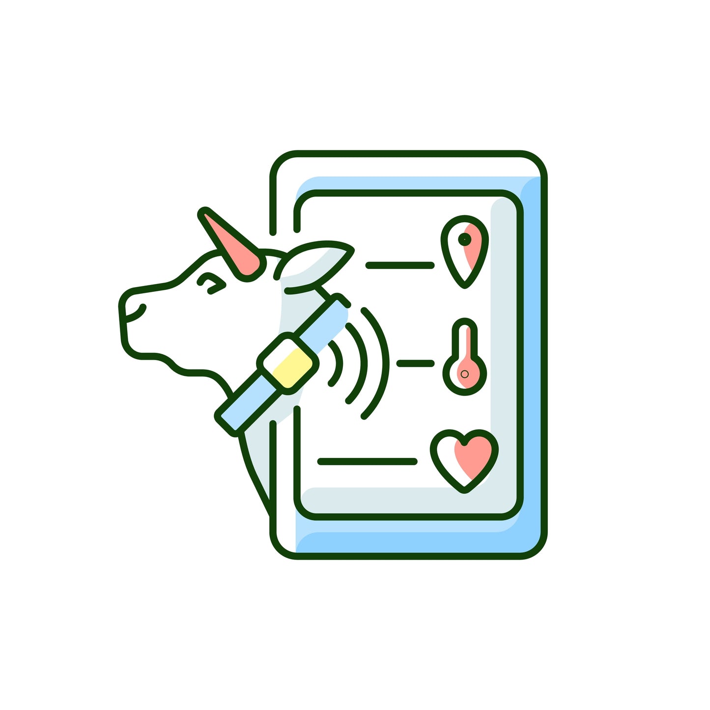 Drawing of a cow with a collar connected to a device measuring its health markers