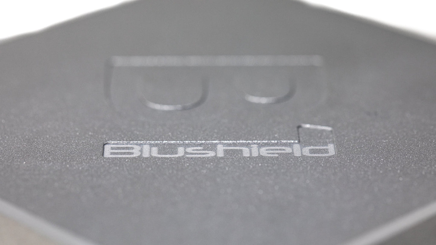 Photo of Blushield logo on top of stationary unit